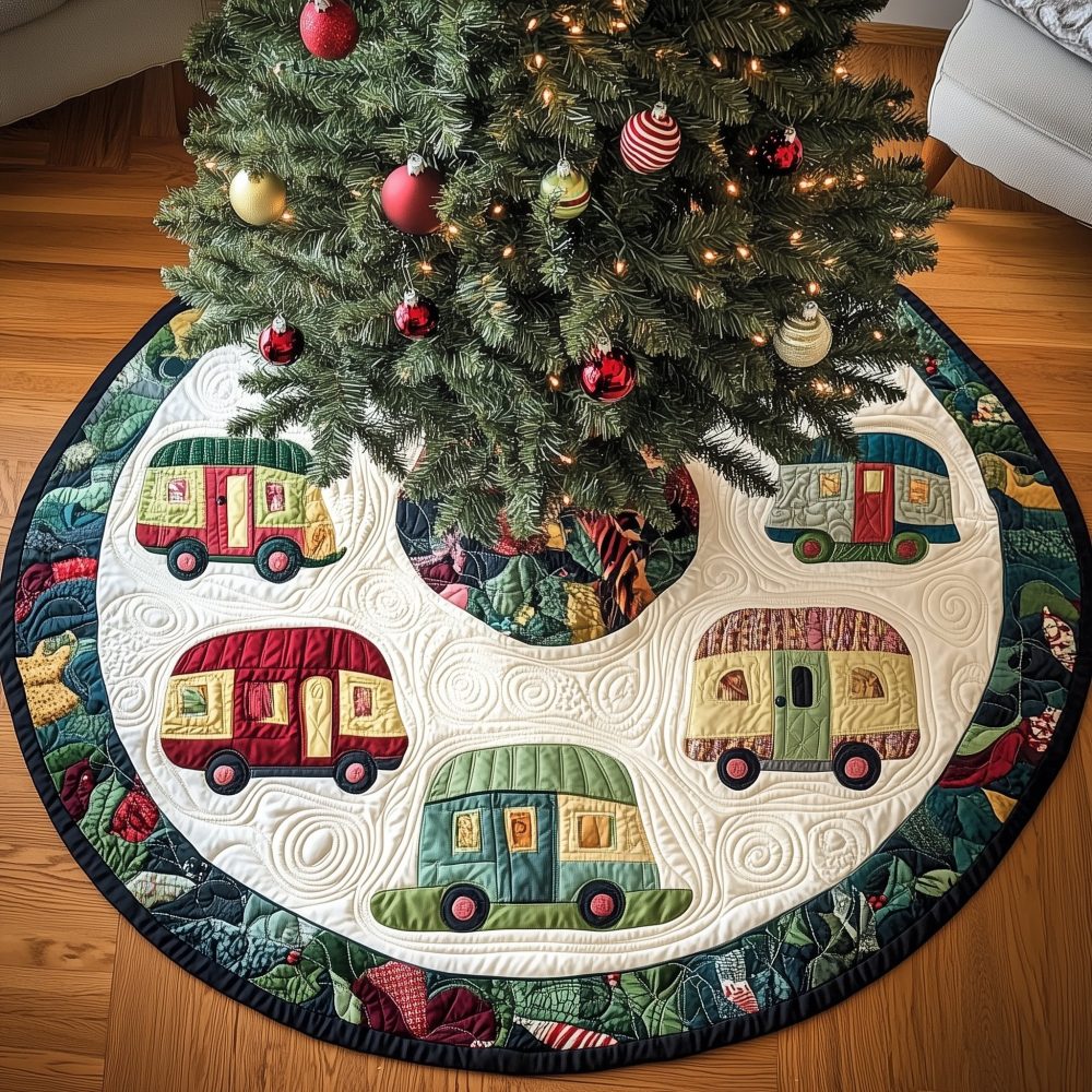 Handcrafted Christmas Tree Skirt With Retro Camper Motif And Red Trim - Custom Holiday Decor For Camping Fans