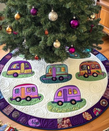 Retro Camper Pattern Christmas Tree Skirt With Purple Border - Custom Handmade Holiday Accent, Perfect For Rv Enthusiasts