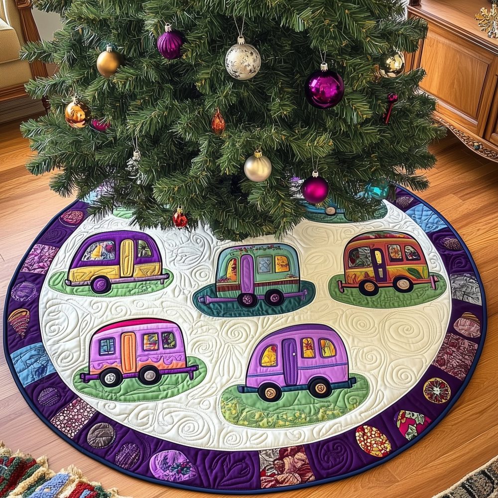 Retro Camper Pattern Christmas Tree Skirt With Purple Border - Custom Handmade Holiday Accent, Perfect For Rv Enthusiasts