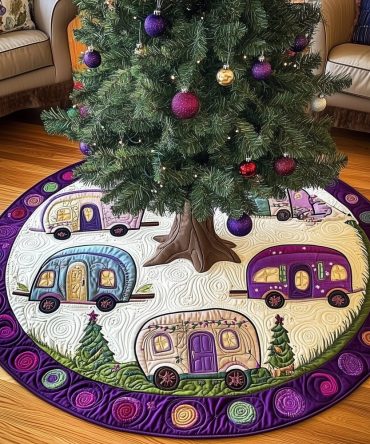 Custom Purple-Trim Christmas Tree Skirt With Retro Campers Among Pine Trees - Handmade Holiday Camping Accent