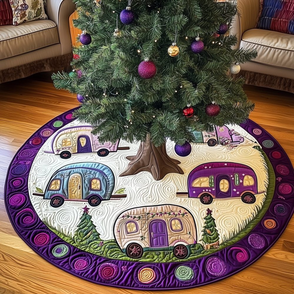 Custom Purple-Trim Christmas Tree Skirt With Retro Campers Among Pine Trees - Handmade Holiday Camping Accent