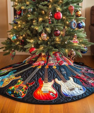 Bold Navy Christmas Tree Skirt With Orange & Red Guitar Pattern - Handmade Custom Holiday Decor For Music Fans