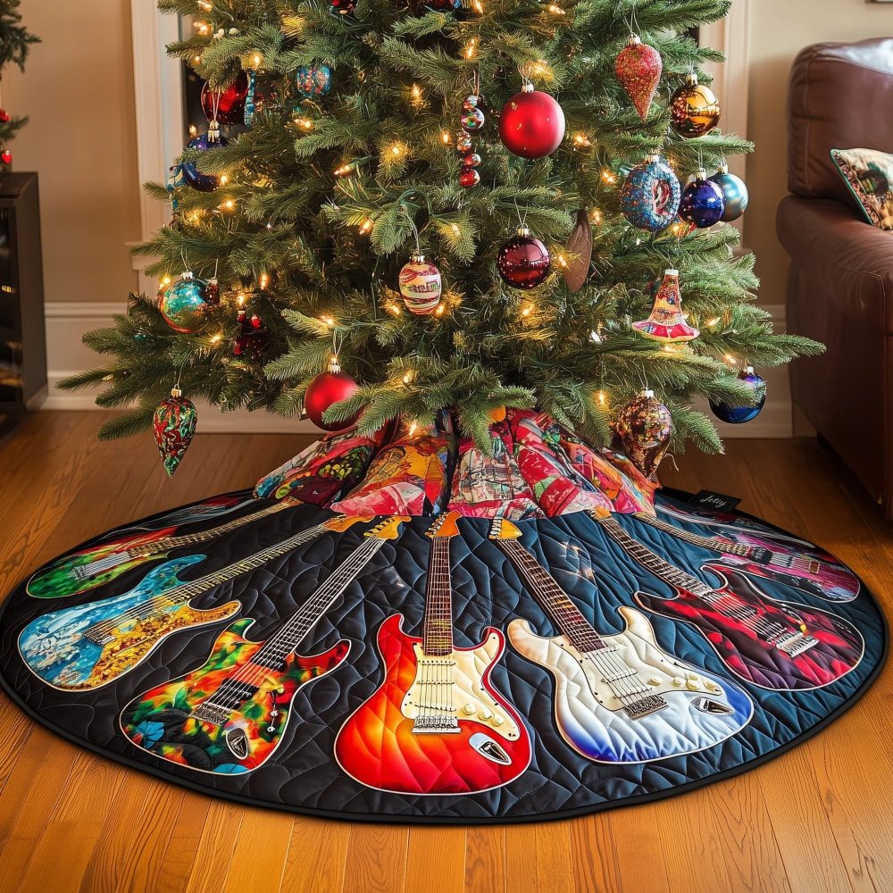 Bold Navy Christmas Tree Skirt With Orange & Red Guitar Pattern - Handmade Custom Holiday Decor For Music Fans