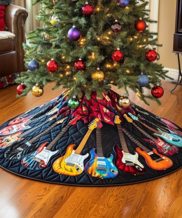 Navy Holiday Tree Skirt With Orange & Teal Guitar Graphics - Custom Handmade Christmas Decor For Guitar Lovers