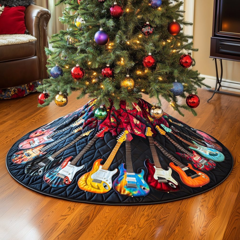 Navy Holiday Tree Skirt With Orange & Teal Guitar Graphics - Custom Handmade Christmas Decor For Guitar Lovers