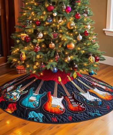 Navy Plaid Christmas Tree Skirt With Electric Guitar Design - Custom Handmade Holiday Decor For Musicians