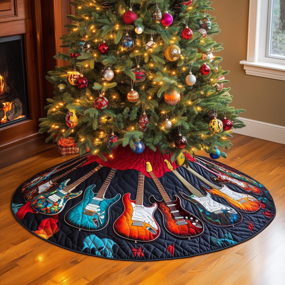 Navy Plaid Christmas Tree Skirt With Electric Guitar Design - Custom Handmade Holiday Decor For Musicians