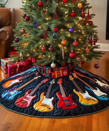 Dark Blue Plaid Christmas Tree Skirt With Electric & Acoustic Guitar Motif - Custom Handmade Holiday Tree Skirt