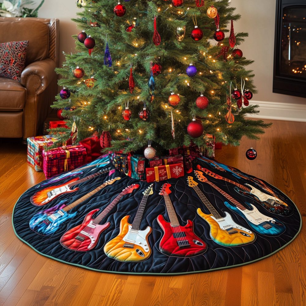 Dark Blue Plaid Christmas Tree Skirt With Electric & Acoustic Guitar Motif - Custom Handmade Holiday Tree Skirt