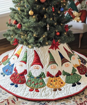 Custom Handmade Christmas Tree Skirt Featuring Cheerful Gnomes In Red And Green Coats - Perfect Holiday Decor