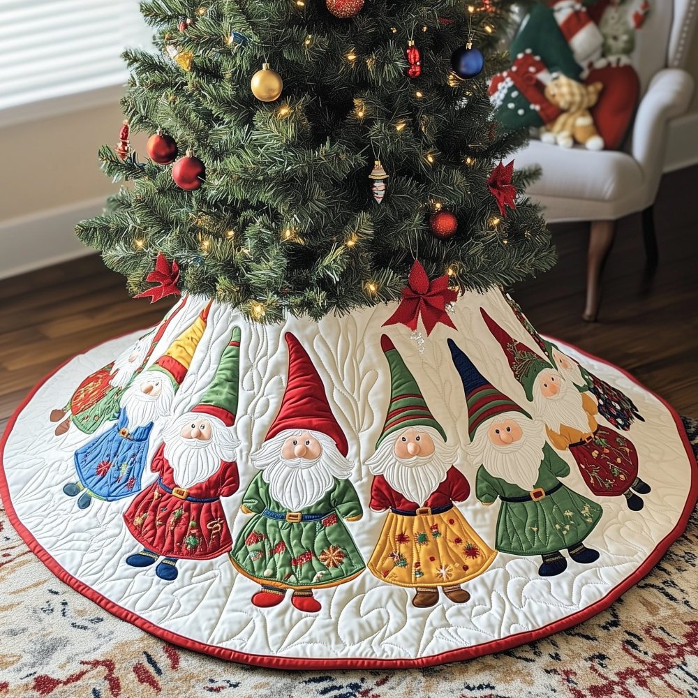 Custom Handmade Christmas Tree Skirt Featuring Cheerful Gnomes In Red And Green Coats - Perfect Holiday Decor