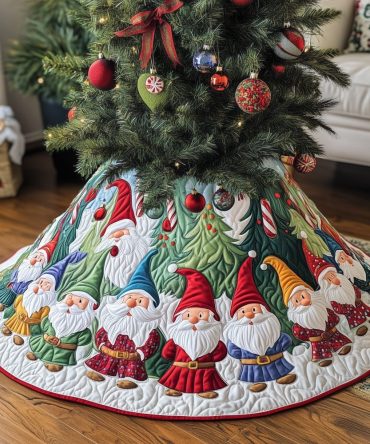 Colorful Gnomes With Patterned Hats Tree Skirt — Whimsical Quilted Holiday Base, Custom Sizes For Playful Seasonal Decor