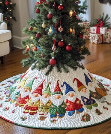Little Crowded Gnomes On White Tree Skirt — Bright Quilted Holiday Base, Custom-Fit Options For Charming Scandinavian Style