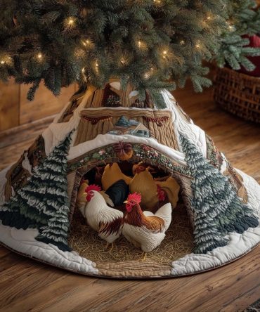 Chickens In The Snowy Cave Christmas Tree Skirt — Handmade Custom Holiday Décor With Cozy Farmhouse Charm, Made-To-Order