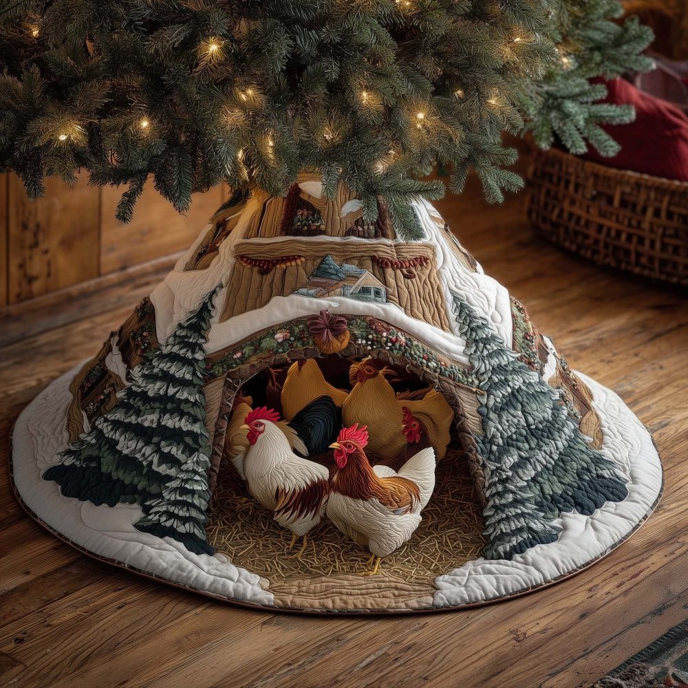 Chickens In The Snowy Cave Christmas Tree Skirt — Handmade Custom Holiday Décor With Cozy Farmhouse Charm, Made-To-Order