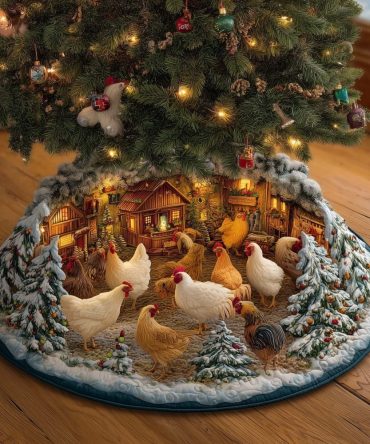 Chickens By The Lit Cabin Christmas Tree Skirt — Handmade Rustic Holiday Skirt, Custom-Made Warm Cabin Décor For Christmas