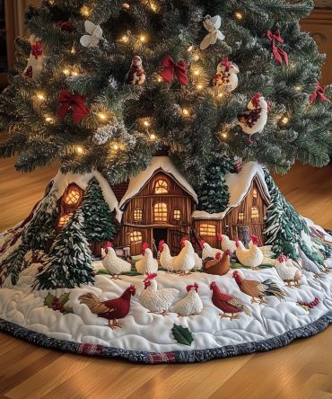 Quaint Chickens Outside Snowy Cabin Christmas Tree Skirt — Handmade Custom Holiday Decor, Farmhouse & Cottage Style Accent