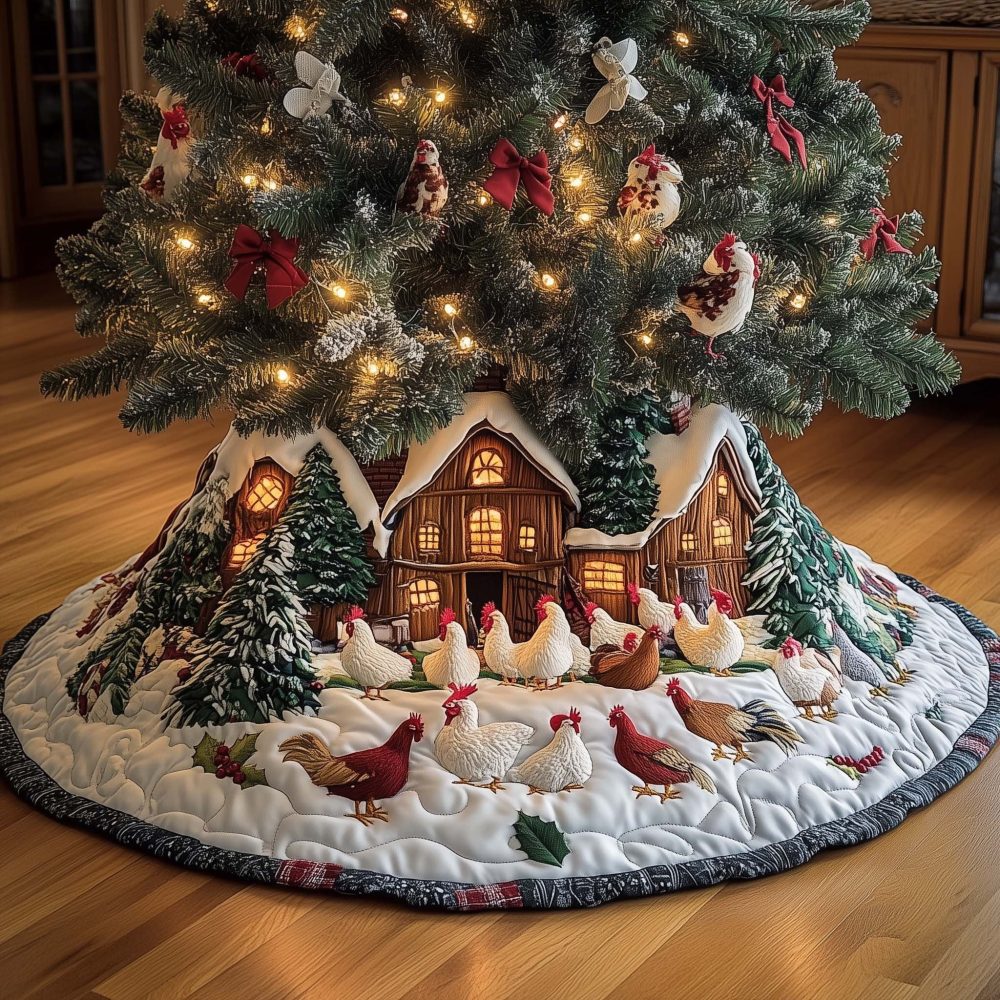 Quaint Chickens Outside Snowy Cabin Christmas Tree Skirt — Handmade Custom Holiday Decor, Farmhouse & Cottage Style Accent