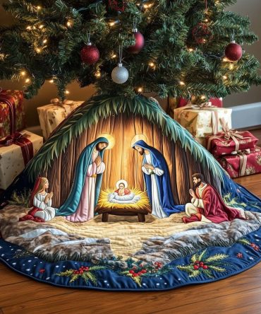 Navy Night Nativity Christmas Tree Skirt — Custom-Made Deep Sky Design For Elegant Religious Holiday Décor