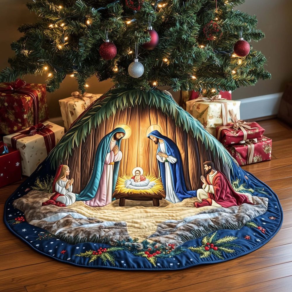 Navy Night Nativity Christmas Tree Skirt — Custom-Made Deep Sky Design For Elegant Religious Holiday Décor