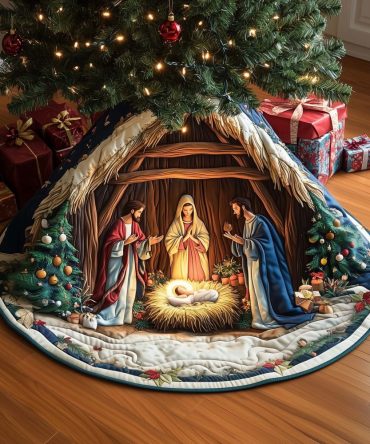 Handmade Nativity Lantern Stable Tree Skirt — Custom Religious Christmas Base Accent With Warm Lantern Artwork
