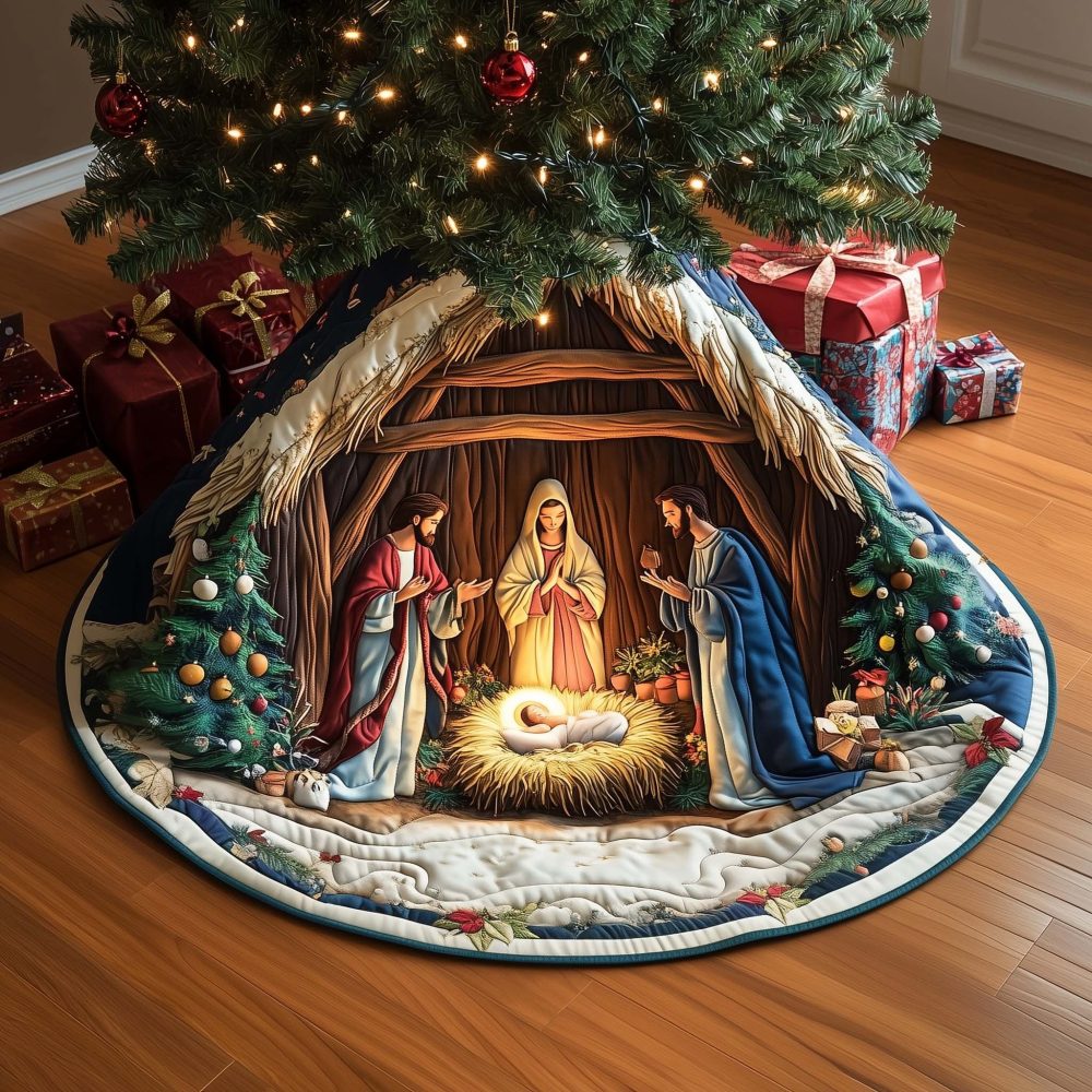Handmade Nativity Lantern Stable Tree Skirt — Custom Religious Christmas Base Accent With Warm Lantern Artwork