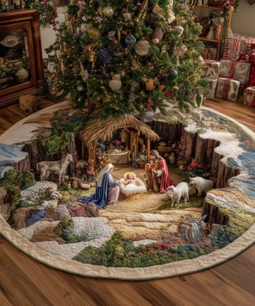 Custom Handcrafted Nativity Christmas Tree Skirt - Valley Panorama Design For Elegant Holiday Religious Décor
