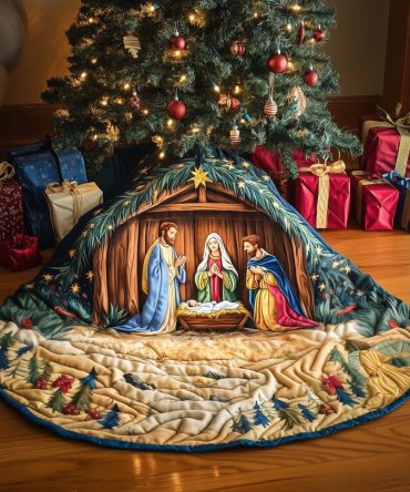 Golden Wheat Nativity Tree Skirt — Handcrafted Harvest-Themed Manger Scene On Warm Gold Fabric, Custom Fit For Festive Homes