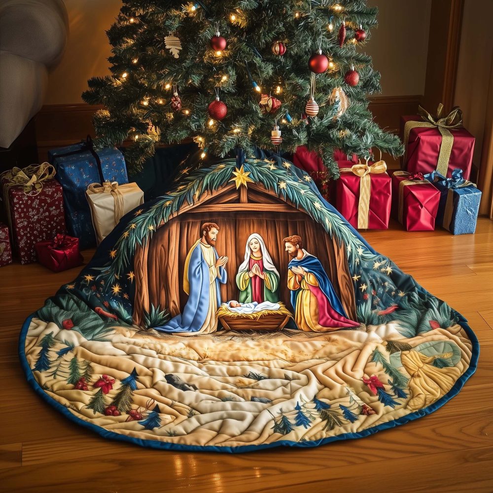 Golden Wheat Nativity Tree Skirt — Handcrafted Harvest-Themed Manger Scene On Warm Gold Fabric, Custom Fit For Festive Homes