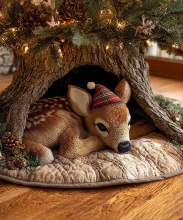 Fawn Wearing Plaid Scarf Tree Skirt — Cute Quilted Holiday Base With Woodland Motif, Custom-Fit Options For Charming Decor