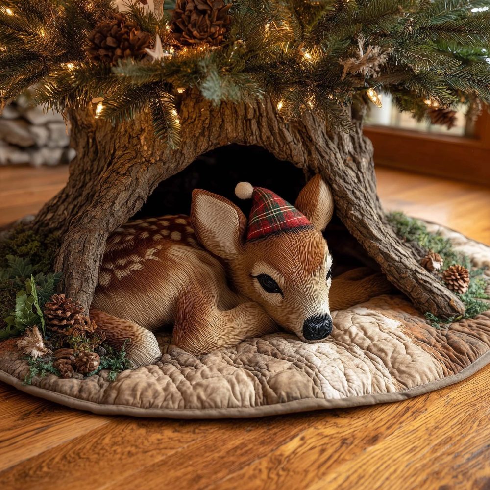 Fawn Wearing Plaid Scarf Tree Skirt — Cute Quilted Holiday Base With Woodland Motif, Custom-Fit Options For Charming Decor