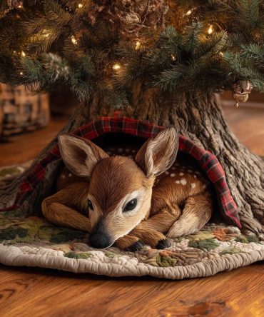Fawn Resting On Red Plaid Blanket Tree Skirt — Rustic Quilted Holiday Base, Custom Sizes For Cabin And Woodland Decor