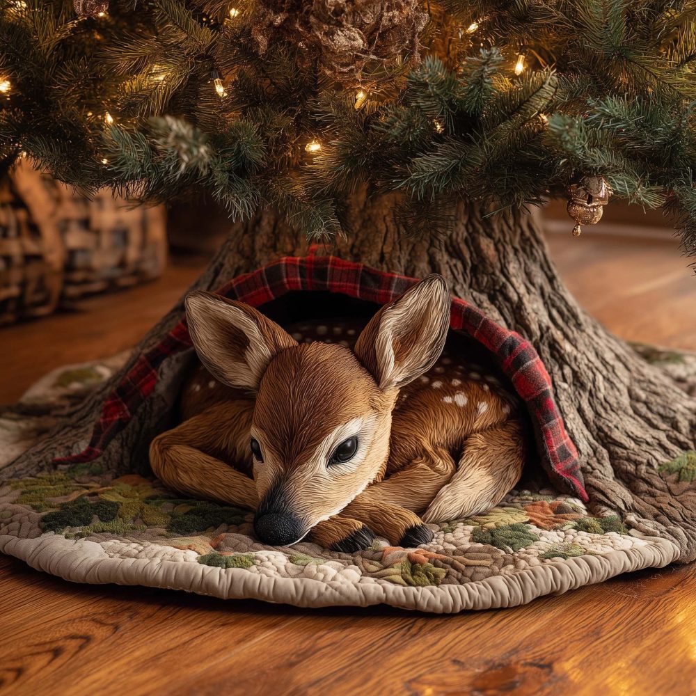 Fawn Resting On Red Plaid Blanket Tree Skirt — Rustic Quilted Holiday Base, Custom Sizes For Cabin And Woodland Decor