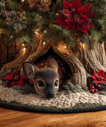 Fawn With Poinsettias Tree Skirt — Elegant Quilted Holiday Base With Deer Motif, Custom Sizes For Nature-Inspired Decor