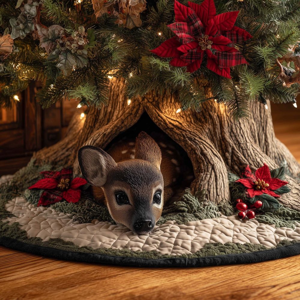 Fawn With Poinsettias Tree Skirt — Elegant Quilted Holiday Base With Deer Motif, Custom Sizes For Nature-Inspired Decor