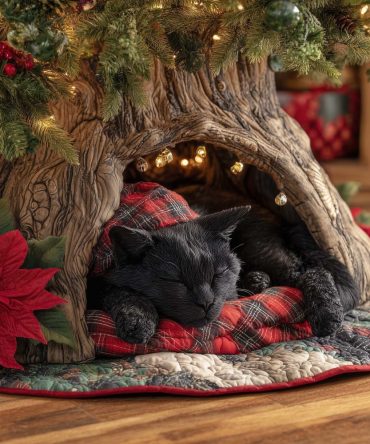 Sleeping Black Cat On Plaid Tree Skirt — Cozy Quilted Holiday Base For Cat Lovers, Custom Sizes And Soft Durable Finish