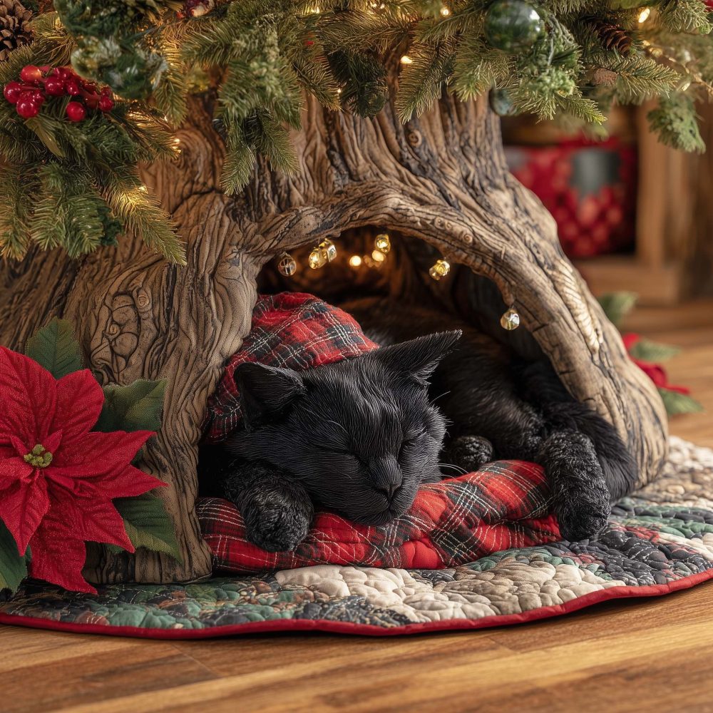 Sleeping Black Cat On Plaid Tree Skirt — Cozy Quilted Holiday Base For Cat Lovers, Custom Sizes And Soft Durable Finish