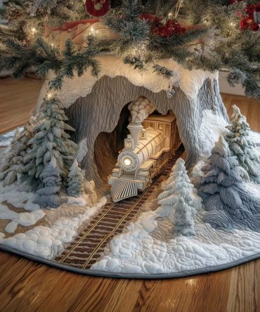 Winter Wonderland Train Tunnel Tree Skirt — Scenic Quilted Snowy Mountain Holiday Base, Custom Sizes For Magical Displays