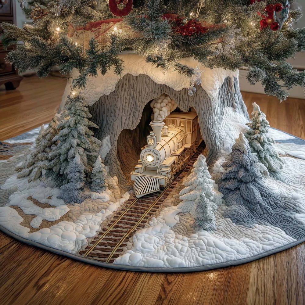 Winter Wonderland Train Tunnel Tree Skirt — Scenic Quilted Snowy Mountain Holiday Base, Custom Sizes For Magical Displays