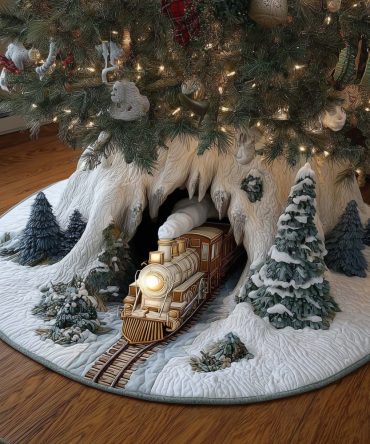 Holiday Train Exiting Snow Tunnel Tree Skirt — Cozy Quilted Scenic Base, Custom Sizes For Classic Christmas Train Displays