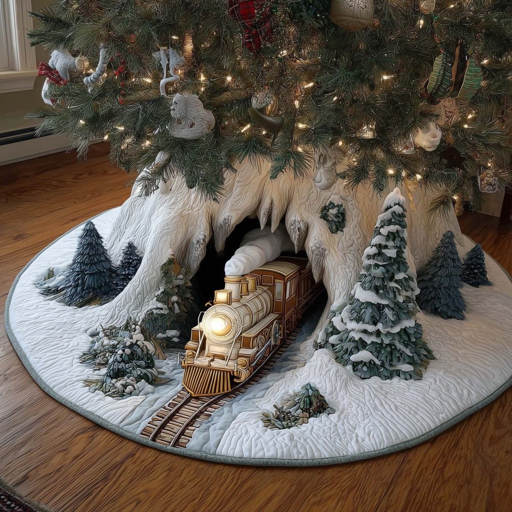 Holiday Train Exiting Snow Tunnel Tree Skirt — Cozy Quilted Scenic Base, Custom Sizes For Classic Christmas Train Displays