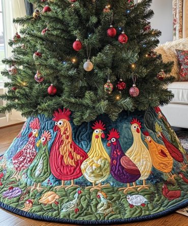 Bright Chicken Motif Blue Tree Skirt — Colorful Quilted Holiday Base, Custom-Fit Options For Playful Farmhouse Flair