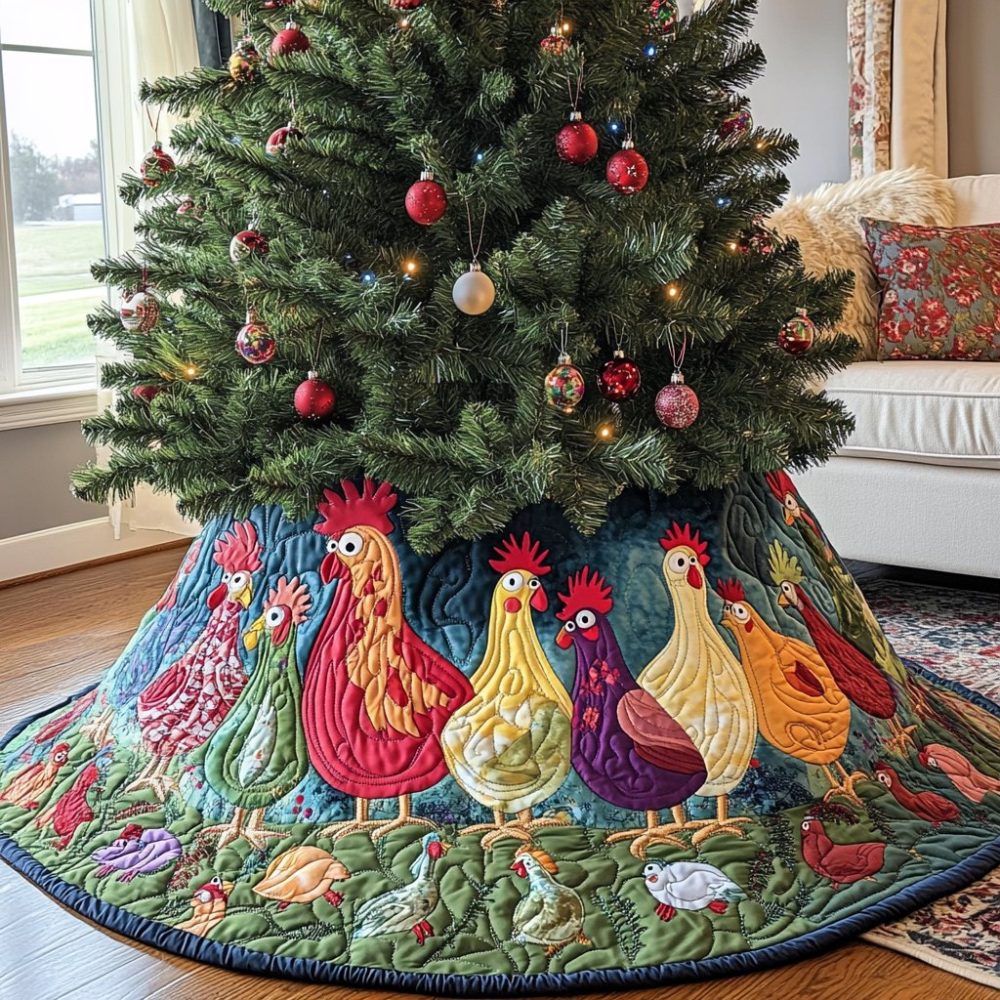 Bright Chicken Motif Blue Tree Skirt — Colorful Quilted Holiday Base, Custom-Fit Options For Playful Farmhouse Flair
