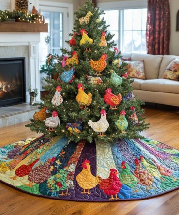 Patchwork Meadow Chicken Tree Skirt — Colorful Quilted Farm-Themed Holiday Base, Custom Sizing For Charming Rustic Decor