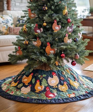 Navy Rooster & Chicken Tree Skirt — Bold Quilted Holiday Base With Farmyard Motif, Custom Sizes For Stylish Rustic Decor
