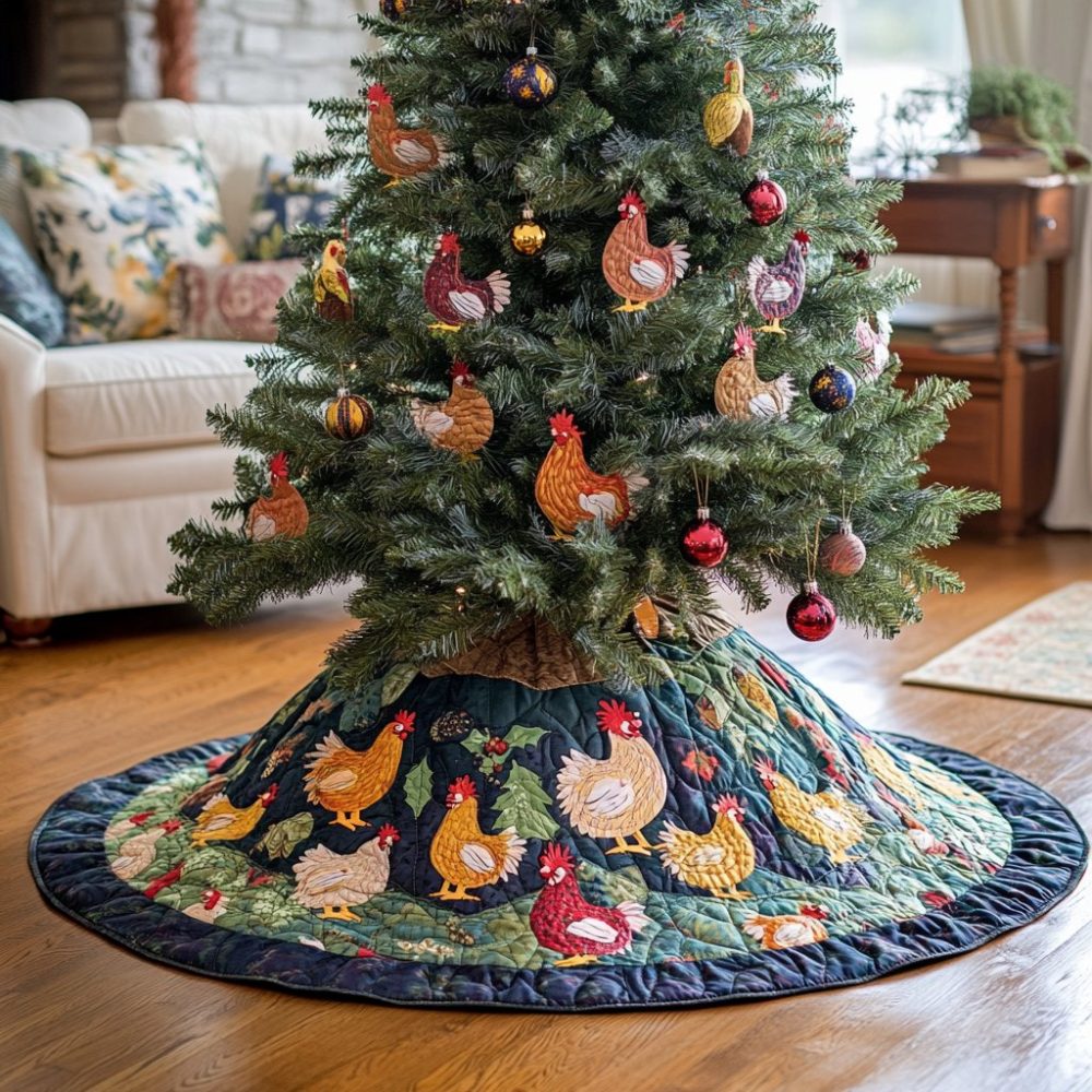 Navy Rooster & Chicken Tree Skirt — Bold Quilted Holiday Base With Farmyard Motif, Custom Sizes For Stylish Rustic Decor