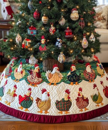 Cream & Red-Trim Hens Tree Skirt — Country Chic Quilted Holiday Accent, Custom-Fit Options For Cozy Seasonal Displays