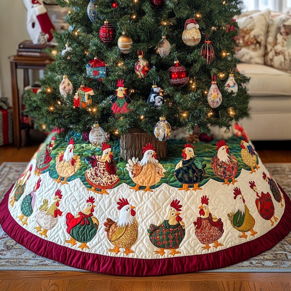 Cream & Red-Trim Hens Tree Skirt — Country Chic Quilted Holiday Accent, Custom-Fit Options For Cozy Seasonal Displays