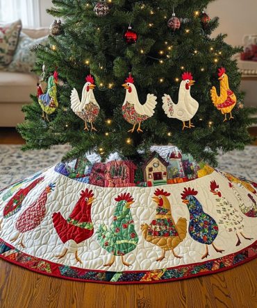 Rustic Rooster & Hen Farmhouse Tree Skirt — Quilted Country Christmas Decor, Custom Sizes For Cozy Holiday Styling