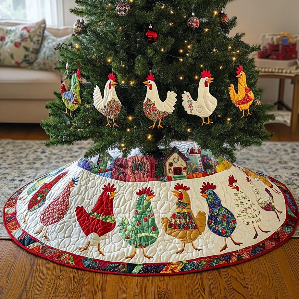 Rustic Rooster & Hen Farmhouse Tree Skirt — Quilted Country Christmas Decor, Custom Sizes For Cozy Holiday Styling
